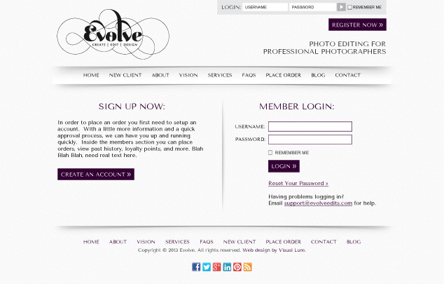evolve web design of members login page