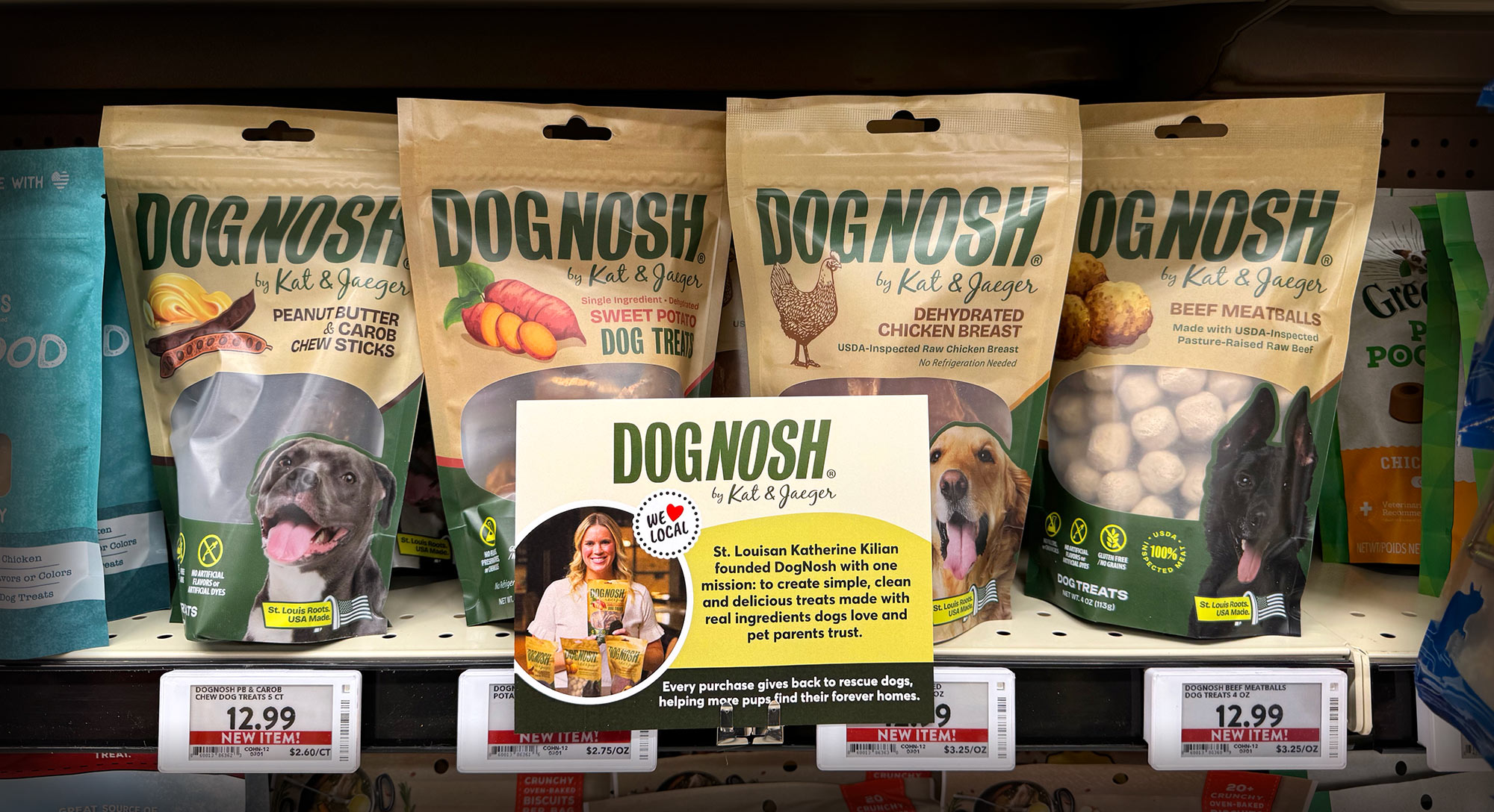 DogNosh packaging design on shelves